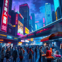 A vast, vibrant cityscape adorned with neon signs that glow under the night sky, cast in a futuristic cyberpunk aesthetic