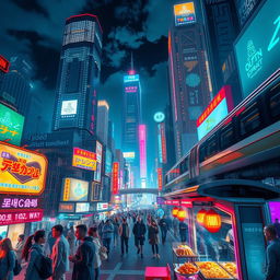 A vast, vibrant cityscape adorned with neon signs that glow under the night sky, cast in a futuristic cyberpunk aesthetic