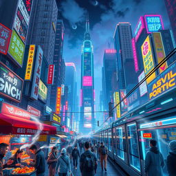 A vast, vibrant cityscape adorned with neon signs that glow under the night sky, cast in a futuristic cyberpunk aesthetic