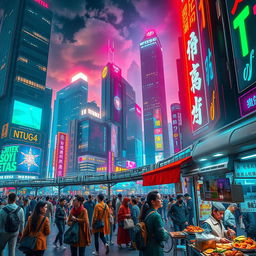 A vast, vibrant cityscape adorned with neon signs that glow under the night sky, cast in a futuristic cyberpunk aesthetic