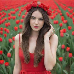 A long-haired brunette girl wearing a red flower headband and long red dress in a meadow filled with red tulips