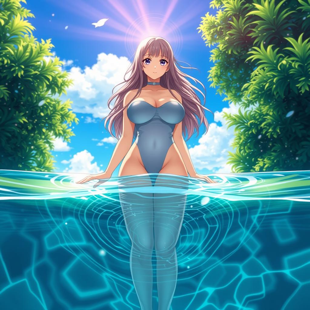 An anime girl with a curvy figure standing in a pool, her skin and clothes glistening as if just soaked in water