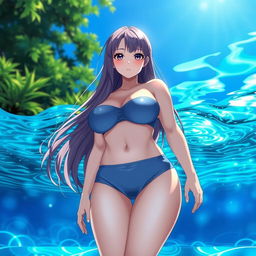 An anime girl with a curvy figure standing in a pool, her skin and clothes glistening as if just soaked in water