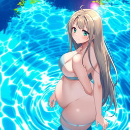 An anime girl with a curvy figure standing in a pool, her skin and clothes glistening as if just soaked in water