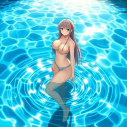 An anime girl with a curvy figure standing in a pool, her skin and clothes glistening as if just soaked in water