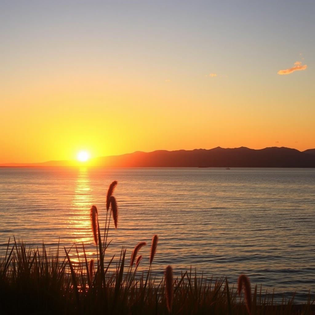 A serene landscape of a vast, tranquil lake during sunset