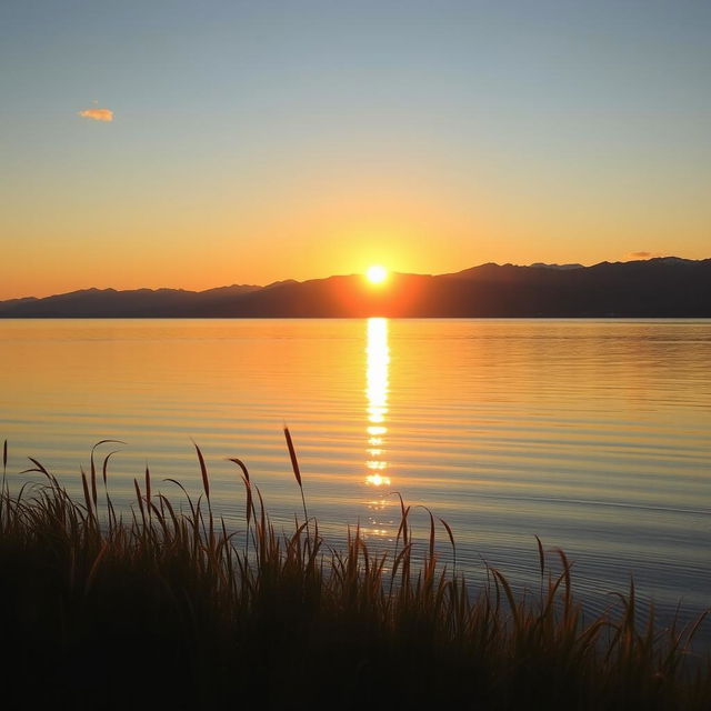 A serene landscape of a vast, tranquil lake during sunset