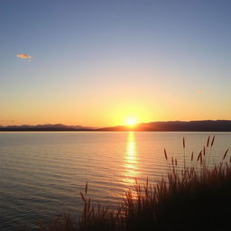 A serene landscape of a vast, tranquil lake during sunset