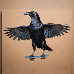 A captivating tattoo displaying a crow effortlessly riding a skateboard, its wings folded at its sides, positioned on a canvas of skin.