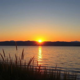 A serene landscape of a vast, tranquil lake during sunset