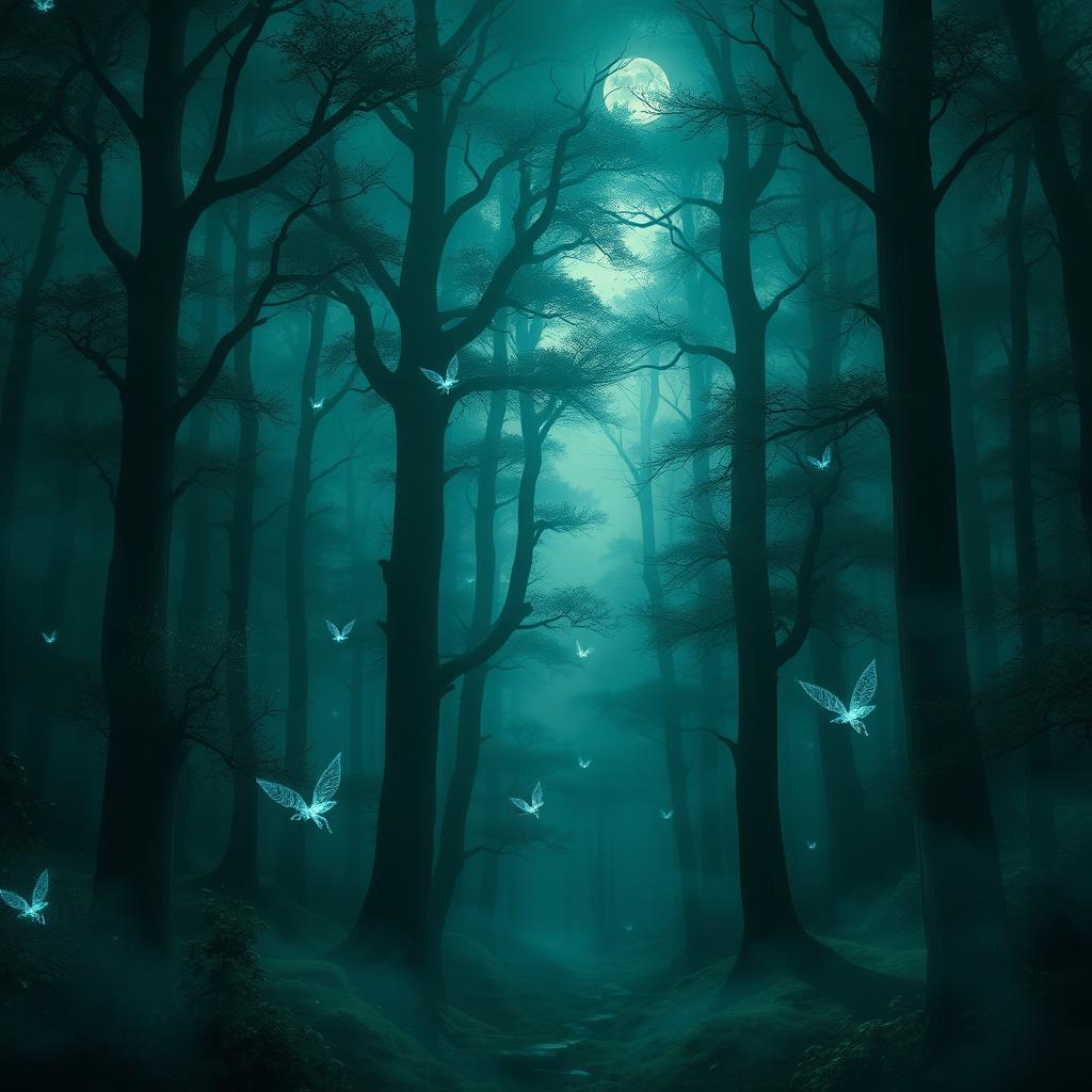 A mystic forest filled with towering trees and fog, where moonlight breaks through the canopy creating ethereal light patterns on the forest floor