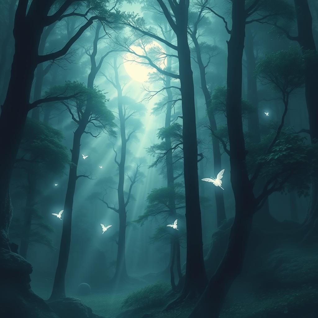 A mystic forest filled with towering trees and fog, where moonlight breaks through the canopy creating ethereal light patterns on the forest floor