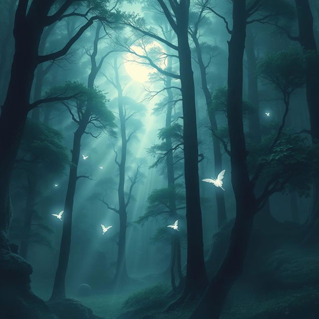 A mystic forest filled with towering trees and fog, where moonlight breaks through the canopy creating ethereal light patterns on the forest floor