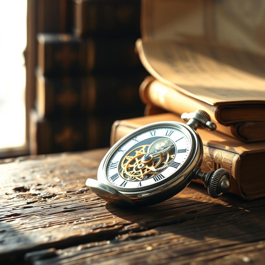 A close-up of a beautifully detailed vintage pocket watch lying on an ancient, weathered wooden table