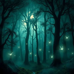 A mystic forest filled with towering trees and fog, where moonlight breaks through the canopy creating ethereal light patterns on the forest floor