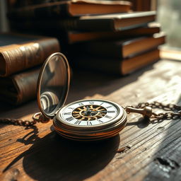 A close-up of a beautifully detailed vintage pocket watch lying on an ancient, weathered wooden table