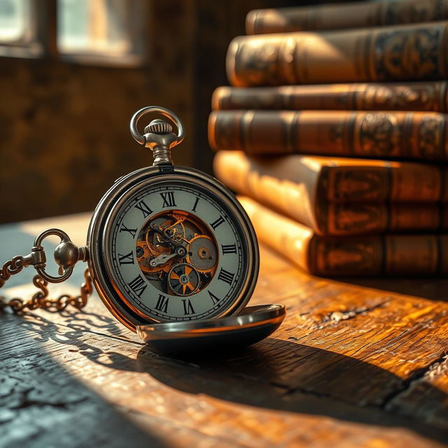 A close-up of a beautifully detailed vintage pocket watch lying on an ancient, weathered wooden table