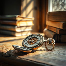 A close-up of a beautifully detailed vintage pocket watch lying on an ancient, weathered wooden table