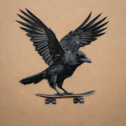 A captivating tattoo displaying a crow effortlessly riding a skateboard, its wings folded at its sides, positioned on a canvas of skin.