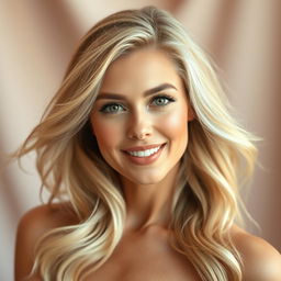 a beautiful blonde woman with flowing hair, photographed against a soft, elegant backdrop