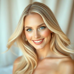 a beautiful blonde woman with flowing hair, photographed against a soft, elegant backdrop