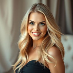 a beautiful blonde woman with flowing hair, photographed against a soft, elegant backdrop