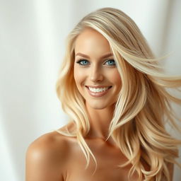 a beautiful blonde woman with flowing hair, photographed against a soft, elegant backdrop