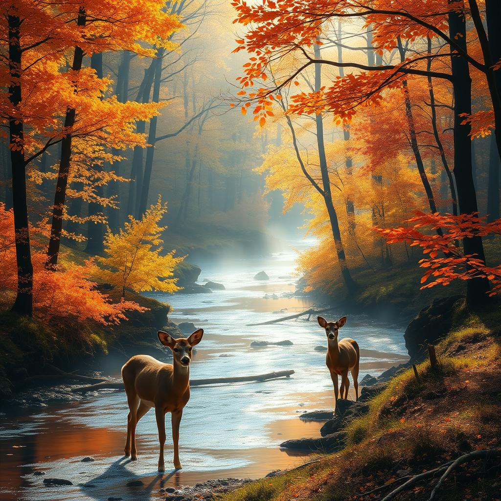 A serene landscape featuring a stunning light-filled forest during autumn, with sunlight filtering through the vibrant orange and yellow leaves