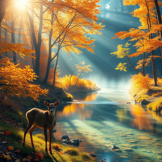 A serene landscape featuring a stunning light-filled forest during autumn, with sunlight filtering through the vibrant orange and yellow leaves