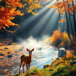 A serene landscape featuring a stunning light-filled forest during autumn, with sunlight filtering through the vibrant orange and yellow leaves