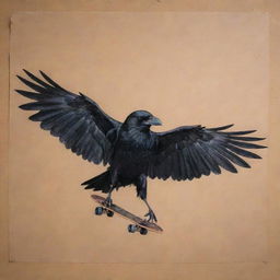 A captivating tattoo displaying a crow effortlessly riding a skateboard, its wings folded at its sides, positioned on a canvas of skin.