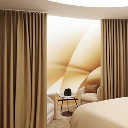 A neutrally themed bedroom with a distinctive concave ceiling. The walls are adorned with wallpaper while full-height curtains dress the windows. The room also features a drop ceiling, two cozy coffee armchairs, and a matching table.