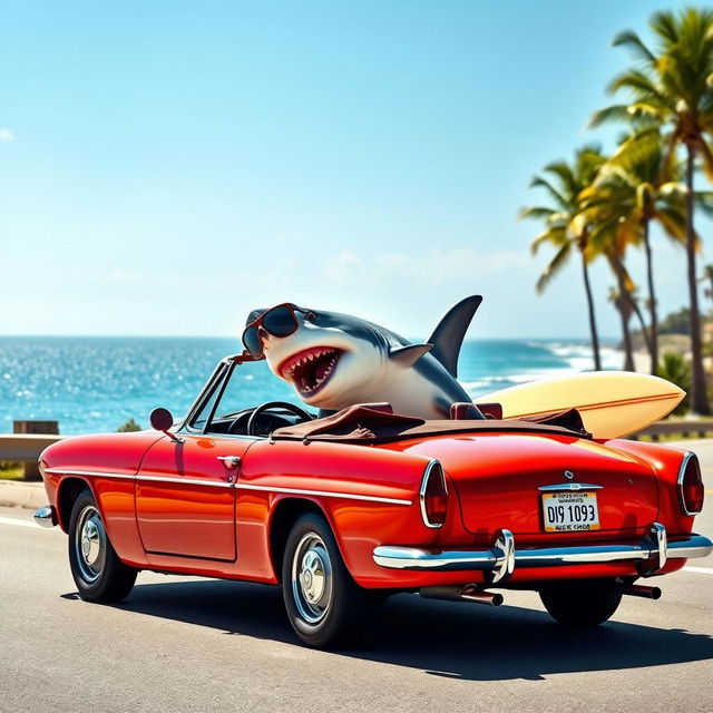 A great white shark comically squeezed into the driver's seat of a bright red convertible car, cruising down a sunny coastal road