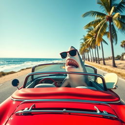 A great white shark comically squeezed into the driver's seat of a bright red convertible car, cruising down a sunny coastal road