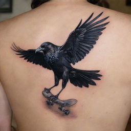 A captivating tattoo displaying a crow effortlessly riding a skateboard, its wings folded at its sides, positioned on a canvas of skin.