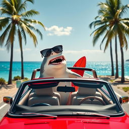 A great white shark comically squeezed into the driver's seat of a bright red convertible car, cruising down a sunny coastal road