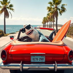 A great white shark comically squeezed into the driver's seat of a bright red convertible car, cruising down a sunny coastal road