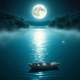 Create a peaceful night scene showing a majestic full moon illuminating a calm lake with gentle ripples on the surface