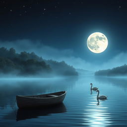 Create a peaceful night scene showing a majestic full moon illuminating a calm lake with gentle ripples on the surface