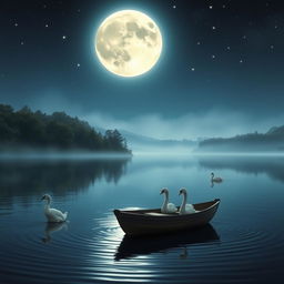 Create a peaceful night scene showing a majestic full moon illuminating a calm lake with gentle ripples on the surface