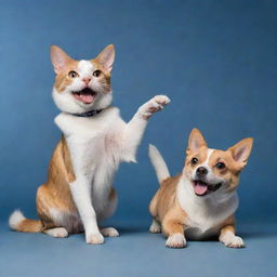 A magical fusion of a cat and dog where the body seamlessly combines the sleek elegance of a cat with the excited energy of a dog. One side feline grace, the other canine joy.