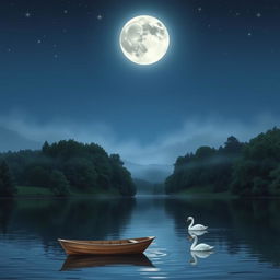 Create a peaceful night scene showing a majestic full moon illuminating a calm lake with gentle ripples on the surface