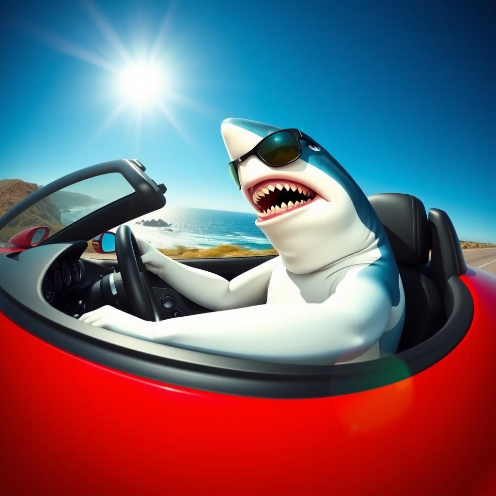 A great white shark driving a sleek, red sports car on a coastal road with the ocean in the background