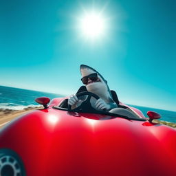 A great white shark driving a sleek, red sports car on a coastal road with the ocean in the background