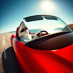 A great white shark driving a sleek, red sports car on a coastal road with the ocean in the background