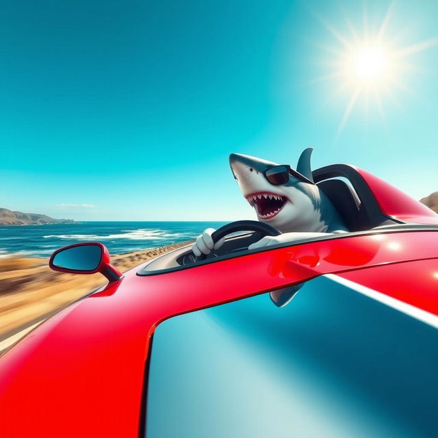 A great white shark driving a sleek, red sports car on a coastal road with the ocean in the background