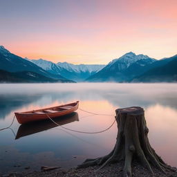 A stunning portrayal of a serene mountain lake at sunrise, with mist gently hovering above the water surface