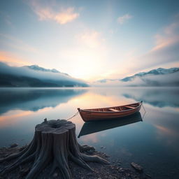 A stunning portrayal of a serene mountain lake at sunrise, with mist gently hovering above the water surface