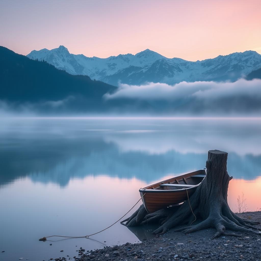 A stunning portrayal of a serene mountain lake at sunrise, with mist gently hovering above the water surface