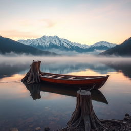 A stunning portrayal of a serene mountain lake at sunrise, with mist gently hovering above the water surface